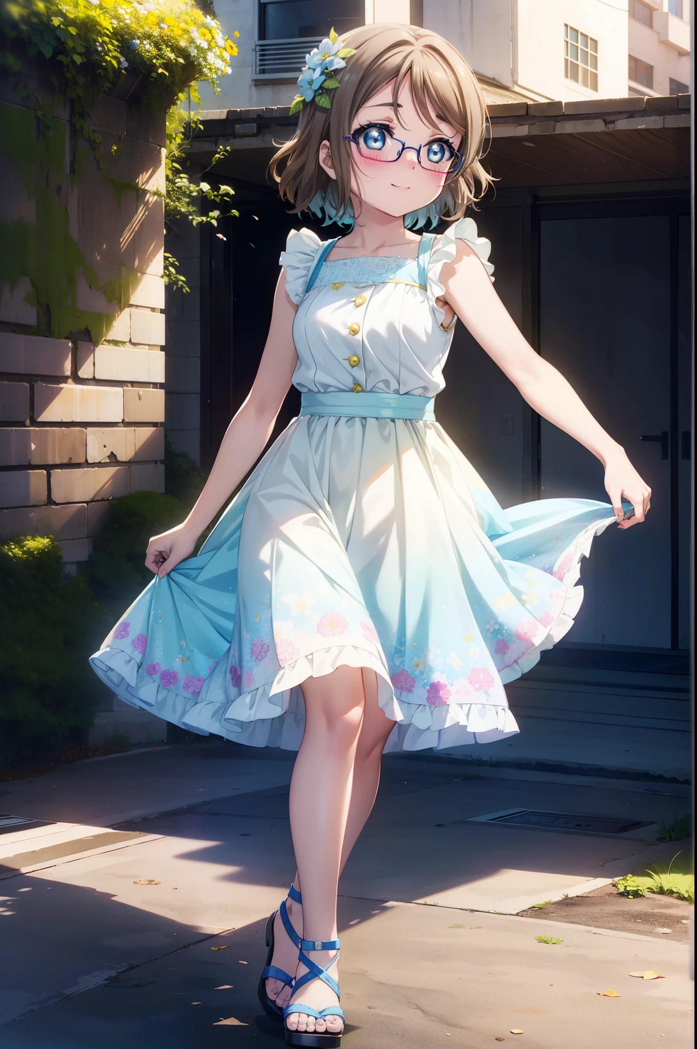 Yo Watanabe, Watanabe Yo, short hair, blue eyes, Brown Hair, smile, blush,Open your mouth,Flower Hair Ornaments,Black-rimmed glasses,Light blue sleeveless dress,Long skirt,Cute heeled sandals,Walking,Daytime,Clear skies,whole bodyがイラストに入るように
break outdoors, Building district,
break looking at viewer, whole body,
break (masterpiece:1.2), Highest quality, High resolution, unity 8k wallpaper, (figure:0.8), (Beautiful attention to detail:1.6), Highly detailed face, Perfect lighting, Highly detailed CG, (Perfect hands, Perfect Anatomy),