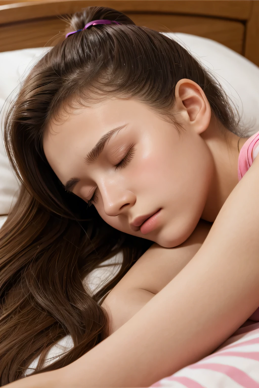 , girl sleeping, brunette long hair in ponytail , wince, long eyelashes, solid circle eyes, shiny,