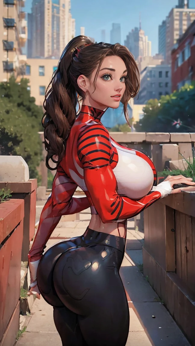 (masterpiece, top quality, best quality, official art, beautiful and aesthetic:1.2), (1girl:1.3), brown hair, braid, extremely detailed, portrait, looking at viewer, solo, (full body:0.6), detailed background, close up, mischievous eyes, Marvel comics, (warm New York City superhero theme:1.1), pleasant smile, brunette, aquiline nose, green eyes, big ponytail, ((gigantic breasts)), (thin), athletic, superhero. Wearing a sleek, satin (high-neck) (sleek white and red striped crop top bodysuit), ((red sleeve stripes, red leg stripes, red stripe on middle)), (white sides, red center stripe), long red gloves, long red boots, slim waist, slim hips, long legs, futuristic (New York City rooftop exterior:1.1) detailed background, bright optimistic lighting, shadows, magical atmosphere, dutch angle