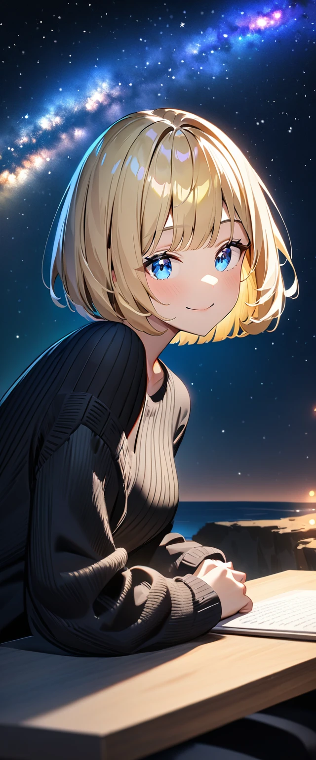 (((a beautiful starry sky, the Milky Way shining beautifully in the night))), ((Aran sweater)), ((((from side)))), focus on face, closeup shot, ((leaning forward)), ((sitting on the very high cliff)), wavy hair, inward curled hair, sea, ((blond hair, bob cut:1.3)), breasts, teenager, (looking at viewer), oversized clothes, puffy long sleeves, ((off-shoulder sweater:1.3, Quite thick shoulder straps)), ((black sweater)), collarbone, head tilt:1.3, (((blue eyes))), happy smile, (((anime style))), (best quality, 4K, 8K, highres, masterpiece:1.2, ultra-detailed, ultra-detailed eyes, HDR, uhd, studio lighting, ultra-fine painting, sharp focus, physically-based rendering, extreme detail description, professional, vivid colors, bokeh)