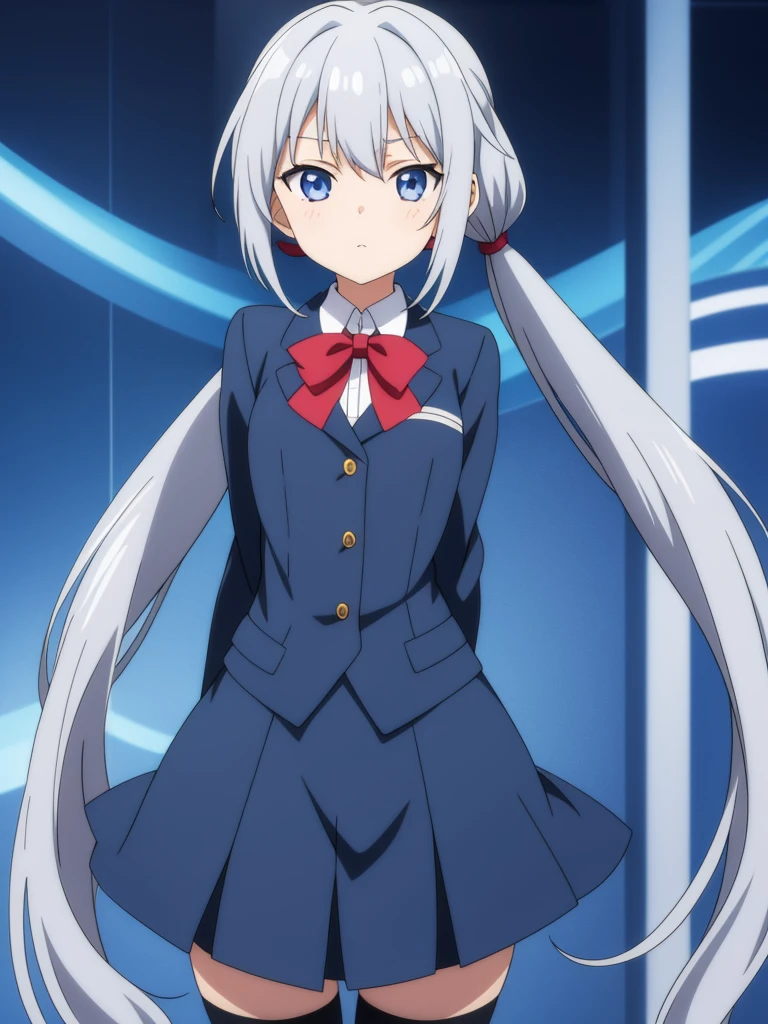1girl, anime girl, silver hair, long twintails, true silver eyes, dark blue school suit, anime background scene
