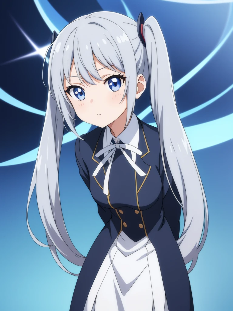 1girl, anime girl, silver hair, long twintails, true silver eyes, dark blue school suit, anime background scene