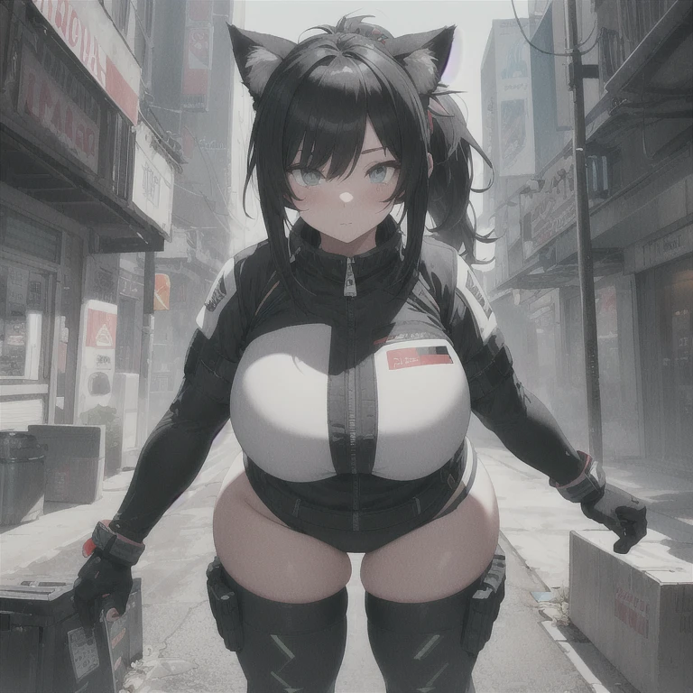 Absurd resolution,high resolution,(masterpiece: 1.4),hyper-detail,fullbody shot head to toe,full frontal camera perspective,solo,shorter,standing straight up,kemono feline cat gynomorph, huge penis bulge, puffy inverted nipple silhouette,no skin other than neck and head shown,pilot suit,black hair,messy ponytail,cute face,detailed soft grey luminous eyes,huge massive hyper super swollen heavy milky breasts,breasts so big that cover her whole torso and are bigger than her head while being so big they reach her belly button,extremely super large swollen perky heavy bust,super huge enormously gigantic tits,gigantic breasts stretching/straining out of her outfit looking like they are about to burst out,breasts compressed squishing barely contained in outfit,inflated breasts,breasts_expansion,super gigantic swollen heavy tits,wide full hips,narrower torso and shoulders,smaller torso,narrower waist,full thicc big soft thighs,thicc big full thighs,big rounded full soft butt,thicc butt,ruggedized utility styled outfit,fully insulated suit,full body outfit coverage with no skin showing or revealed,airtight/watertight zippers and seals,scifi monochrome black and grey fullbody covering protective padding rugged loose-fitted pilot utility suit with strategically placed protective padding,white zipped utility cropped top for breasts support with a black strap horizontal across cleavage worn on top of suit,tactical strategic angular-patterned protective padding on hips and thighs and abdomen,practical/functional clothing,weather-proof durable clothing material,nylon clothing material,custom made clothing to fit and support large breasts,scifi padded rugged rigid high collar cropped cutout fitted techwear jacket,armored high collar,white and black triangular decals and techwear iconography on apparel and clothing,techwear gloves,ruggedized tech,ruggedized tech aesthetic,fitted utility pants,utility chaps,near future scifi,cyberpunk aesthetic,anime aesthetic,tactical aesthetic