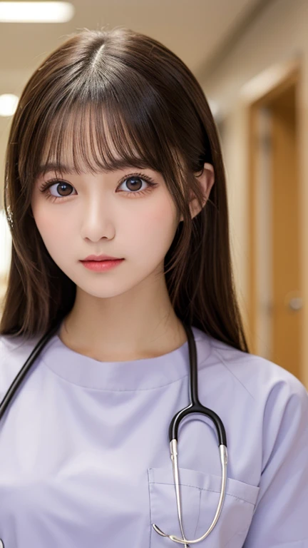 Pursuing realism、Tabletop, Highest quality, One Girl, (beautiful girl:1.3), (18-year-old:1.3), Very good vision, (Symmetrical eyes:1.3), (Nurse Costume:1.2), Beautiful breasts, Brown eyes, Parted bangs, Brown Hair, Hospital interior as background,Blur the background, Realistic beautiful eyes