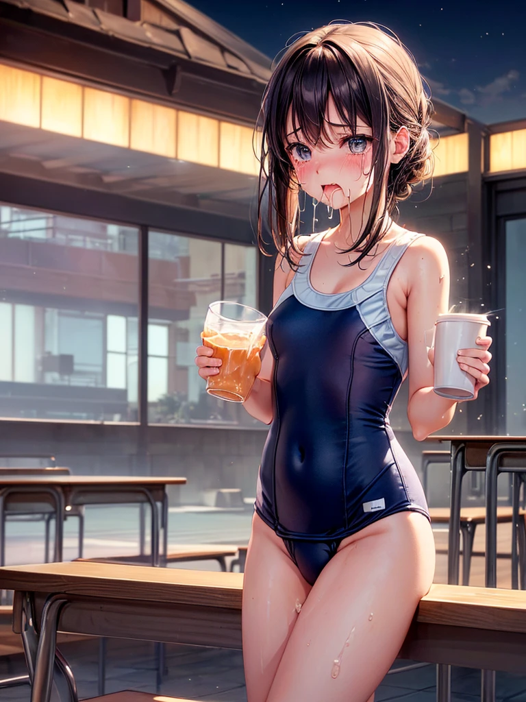 Highest quality,Highest Resolution,(((School Swimsuit)))A crying ,(((Open your mouth and drool))),Night view,High leg,whole body,Tears,Sweating profusely,(((Holding a cup in your hand))),indoor,Very beautiful eyes,