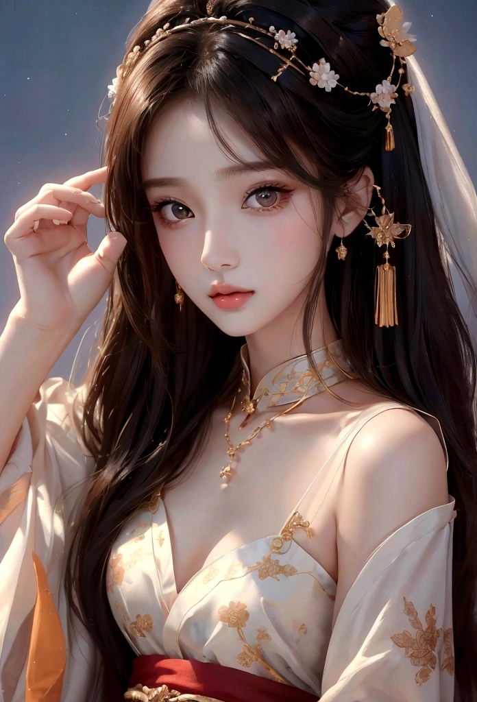 Best image quality、8K、masterpiece:1.3))、Realistic high-quality photos、Highest quality、 Beautiful face、Photos of slim models、Beautiful girl model、Young and pretty face、Beautiful model girl、A lovely and delicate face、Black Hair、Beautiful brown eyes、Young Body、Hanfu, (emphasize)、from the front、Camera gaze、Model pose