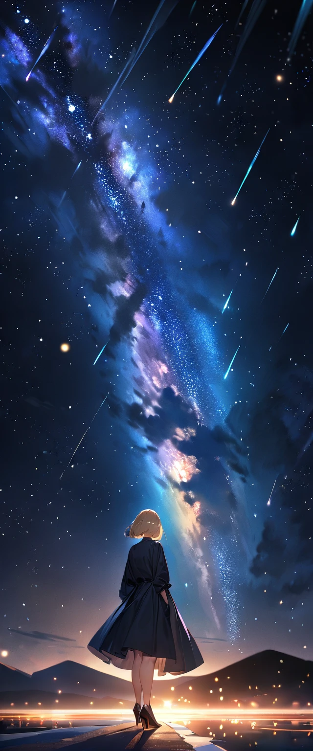 (((A meteor shower dancing in the night sky, countless stars twinkling in the clear air, a beautiful starry sky, the Milky Way shining beautifully in the night))), mountain, wide shot, a girl, bobcut, bare legs, blond hair, (best quality, 4K, 8K, highres, masterpiece:1.2, ultra-detailed, HDR, uhd, studio lighting, ultra-fine painting, sharp focus, physically-based rendering, extreme detail description, professional, vivid colors, bokeh)