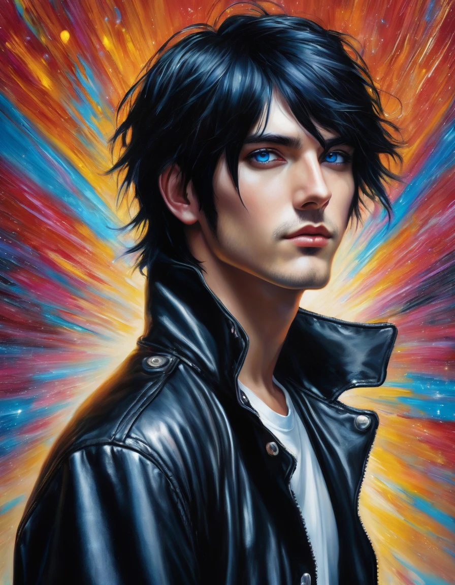 A portrait of a tall man with jet black hair that is just long enough to be a little unruly, bright piercing blue eyes, wearing a black leather jacket over a button-up shirt, 16K, epic detail, epic composition, hyper realistic, standing, front view.