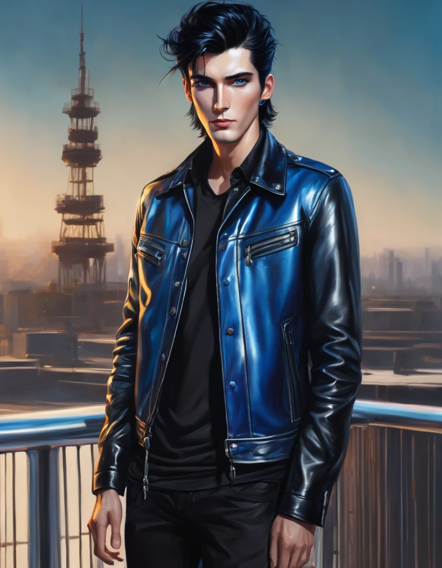 A portrait of a tall man with jet black hair that is just long enough to be a little unruly, bright piercing blue eyes, wearing a black leather jacket over a button-up shirt, 16K, epic detail, epic composition, hyper realistic, standing, front view.