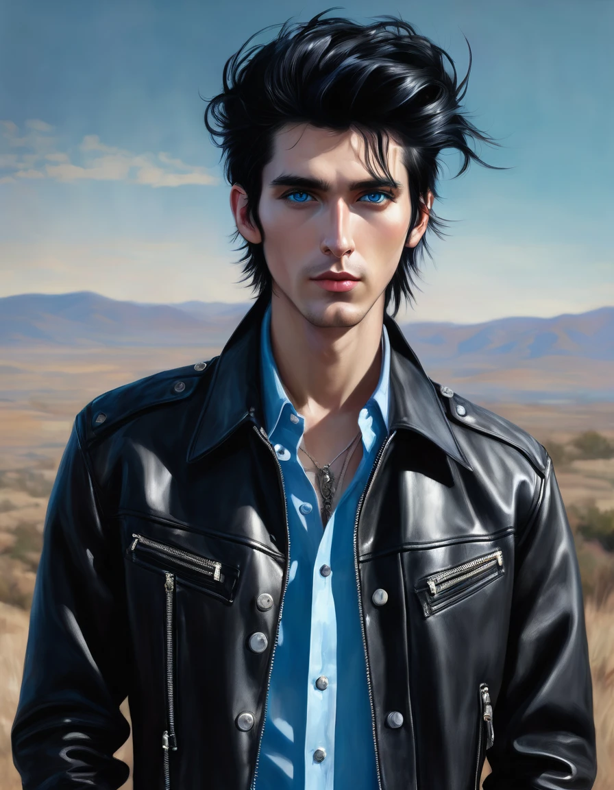 A portrait of a tall man with jet black hair that is just long enough to be a little unruly, bright piercing blue eyes, wearing a black leather jacket over a button-up shirt, 16K, epic detail, epic composition, hyper realistic, standing, front view.