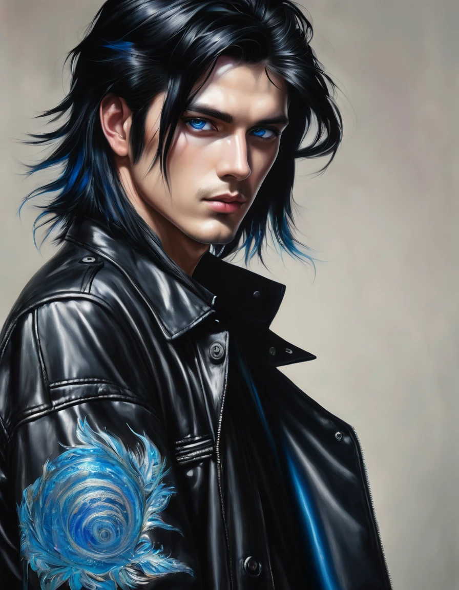 A portrait of a tall man with jet black hair that is just long enough to be a little unruly, bright piercing blue eyes, wearing a black leather jacket over a button-up shirt, 16K, epic detail, epic composition, hyper realistic, standing, front view.