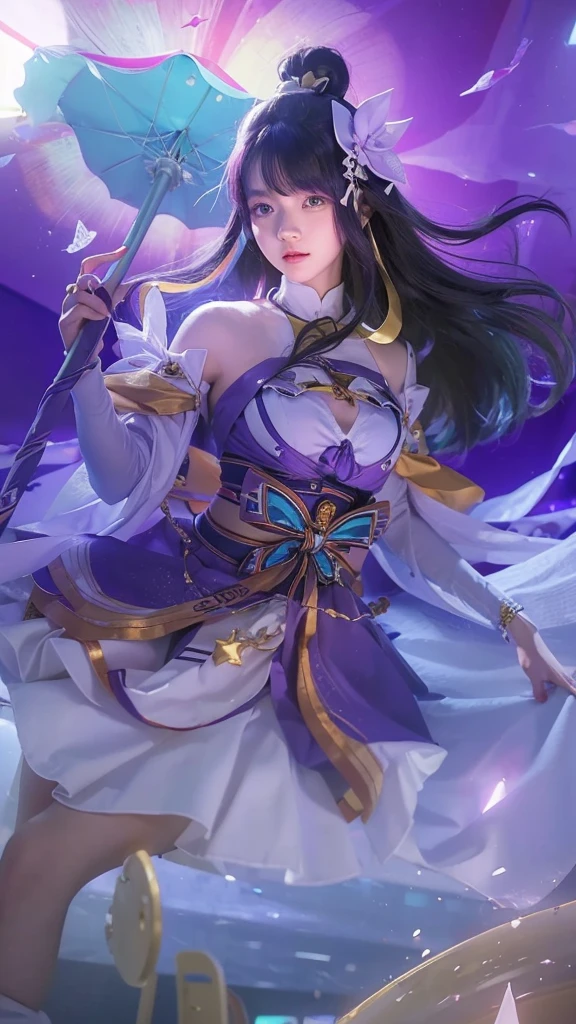 An eighteen-year-old young woman with long purple hair in a sailor suit sits in a classroom (school 1.5 in the background) (expression serious, cold 1.5) (best quality: 1.1) (masterpiece: 1.3) with an unparalleled masterpiece, surreal 8K, perfect artwork, super detail, best quality, masterpiece 4K wallpaper aesthetics, masterpiece, award-winning artwork, official art, cinematic lighting