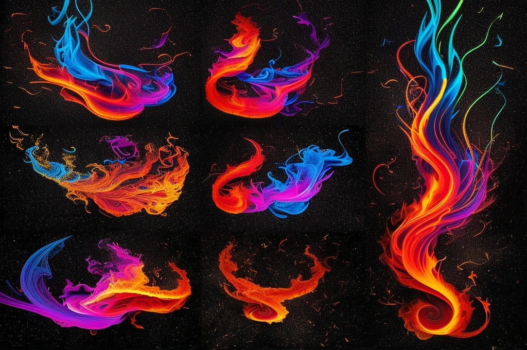 a set of colorful fire flames on a black background, colorful fire, flame colors bright, swirling flames, highly detailed fire tendrils, magic flames, intricate overlay flames imagery, colorful magic effects, multiple flames, fire and flames and smoke, swirls of fire, fire particles, lots of flames, fire flames, fiery particles, colorful smoke, small flames