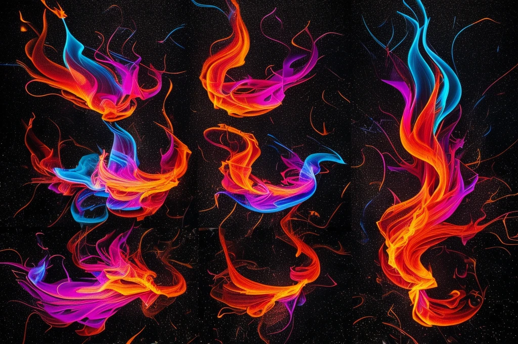 a set of colorful fire flames on a black background, colorful fire, flame colors bright, swirling flames, highly detailed fire tendrils, magic flames, intricate overlay flames imagery, colorful magic effects, multiple flames, fire and flames and smoke, swirls of fire, fire particles, lots of flames, fire flames, fiery particles, colorful smoke, small flames