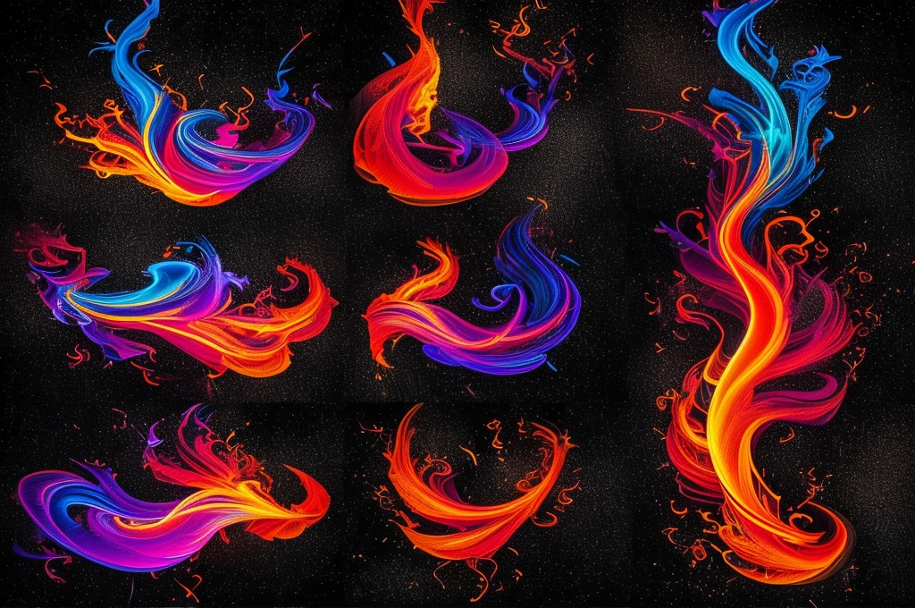a set of colorful fire flames on a black background, colorful fire, flame colors bright, swirling flames, highly detailed fire tendrils, magic flames, intricate overlay flames imagery, colorful magic effects, multiple flames, fire and flames and smoke, swirls of fire, fire particles, lots of flames, fire flames, fiery particles, colorful smoke, small flames