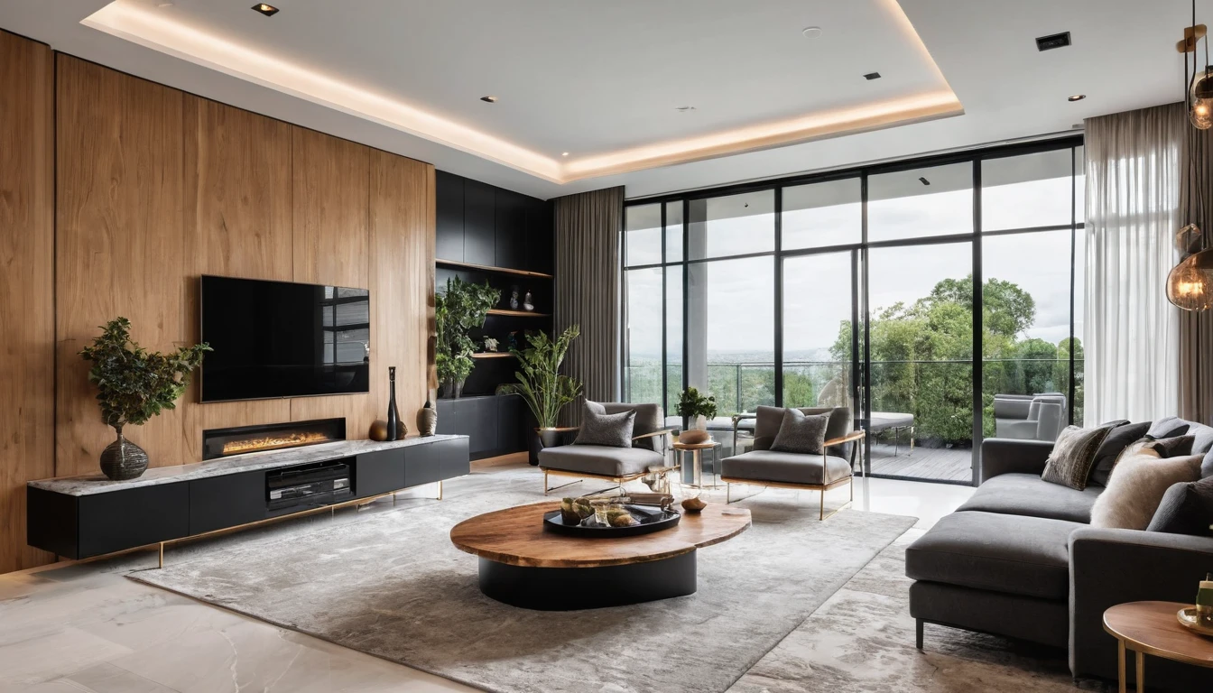 A luxurious living room featuring a modern design with high-end materials. The space showcases a harmonious blend of dark tones including matte black, grey, and natural wood. The centerpiece is a set of sophisticated modern chairs and a marble coffee table, paired with a stylish sectional sofa. Artistic pendant lights hang from the ceiling, casting a warm, inviting glow that enhances the room's ambiance. Decorative elements include a small indoor garden with greenery and decorative stones, and walls adorned with marble and wood paneling. The use of metal accents adds a contemporary touch. A sleek cabinetry wall and a glass display add sophistication to the space. The room layout is open and spacious, creating a seamless flow between different functional areas. The composition follows the golden ratio, with a focus on depth and detail, perfect for creating high-quality, cinematic images. The overall atmosphere is luxurious, warm, and inviting, with a perfect balance of modern elegance and natural elements. 8k resolution, UHD, high-quality detail, depth of field (dof) effect, cinematic standards, luxurious materials, modern design, artistic lighting, natural greenery, open-plan layout, sophisticated color palette.