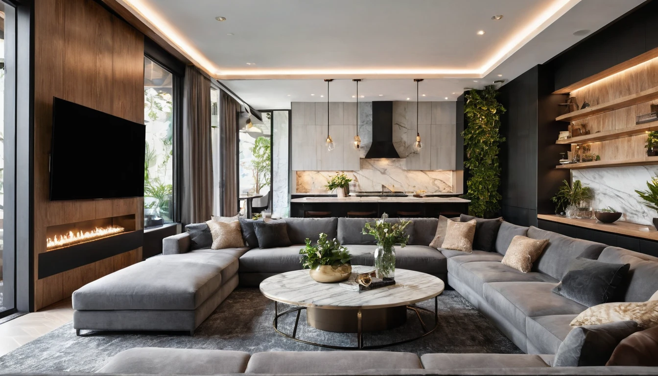 A luxurious living room featuring a modern design with high-end materials. The space showcases a harmonious blend of dark tones including matte black, grey, and natural wood. The centerpiece is a set of sophisticated modern chairs and a marble coffee table, paired with a stylish sectional sofa. Artistic pendant lights hang from the ceiling, casting a warm, inviting glow that enhances the room's ambiance. Decorative elements include a small indoor garden with greenery and decorative stones, and walls adorned with marble and wood paneling. The use of metal accents adds a contemporary touch. A sleek cabinetry wall and a glass display add sophistication to the space. The room layout is open and spacious, creating a seamless flow between different functional areas. The composition follows the golden ratio, with a focus on depth and detail, perfect for creating high-quality, cinematic images. The overall atmosphere is luxurious, warm, and inviting, with a perfect balance of modern elegance and natural elements. 8k resolution, UHD, high-quality detail, depth of field (dof) effect, cinematic standards, luxurious materials, modern design, artistic lighting, natural greenery, open-plan layout, sophisticated color palette.