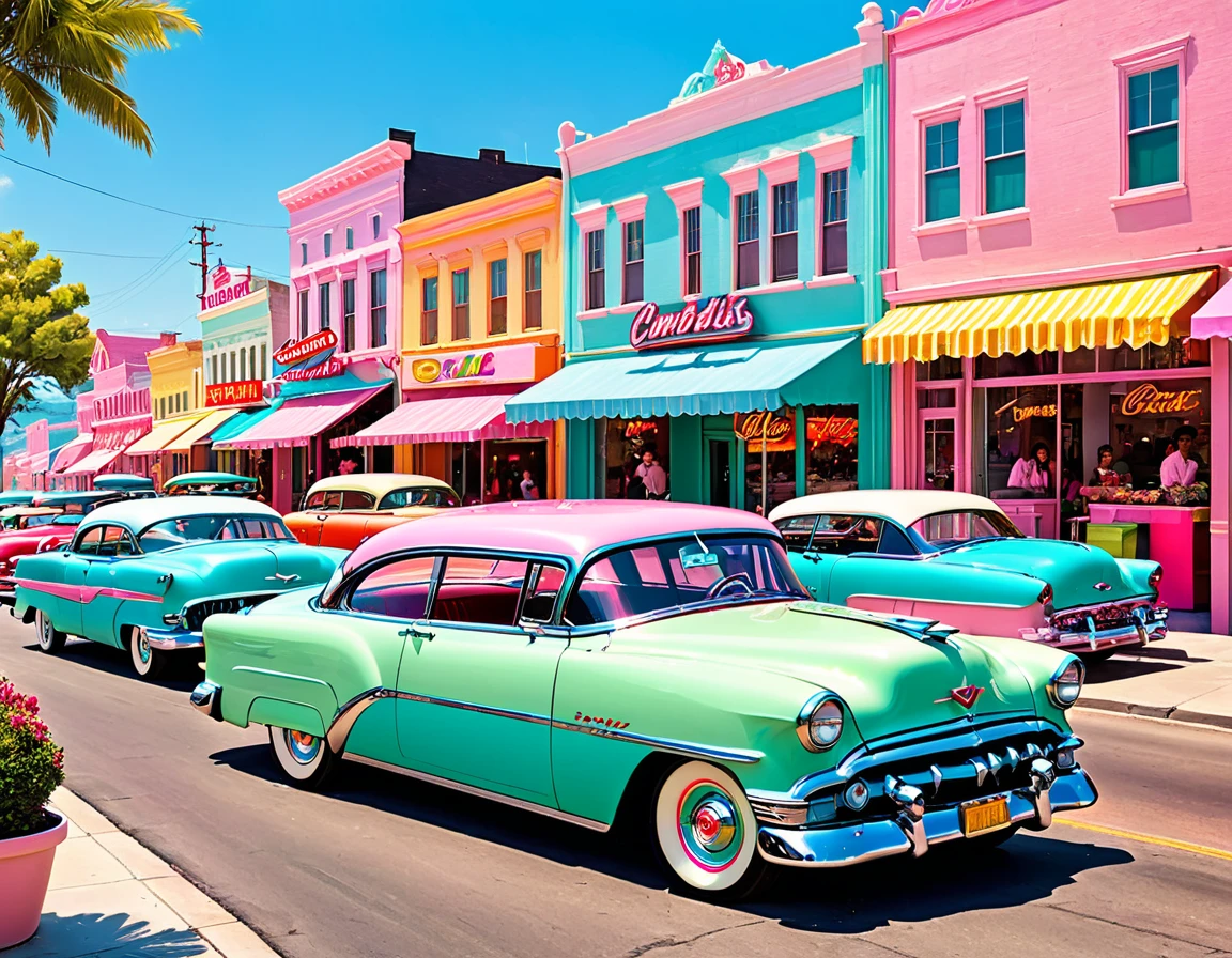 A 1950s retro scene of bimbos causing mayhem in a pastel-colored town, with a blend of vintage and kitsch aesthetics. 8k, vibrant colors