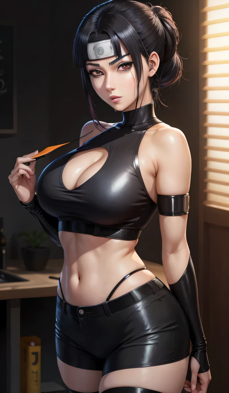 Sexy Hinata hyuga (naruto series) 21 year old women, slicked back hair, beautiful face, black eyeliner, black eye shadow, j cup breast size, 8k, beautiful eyes, toei animation art style
