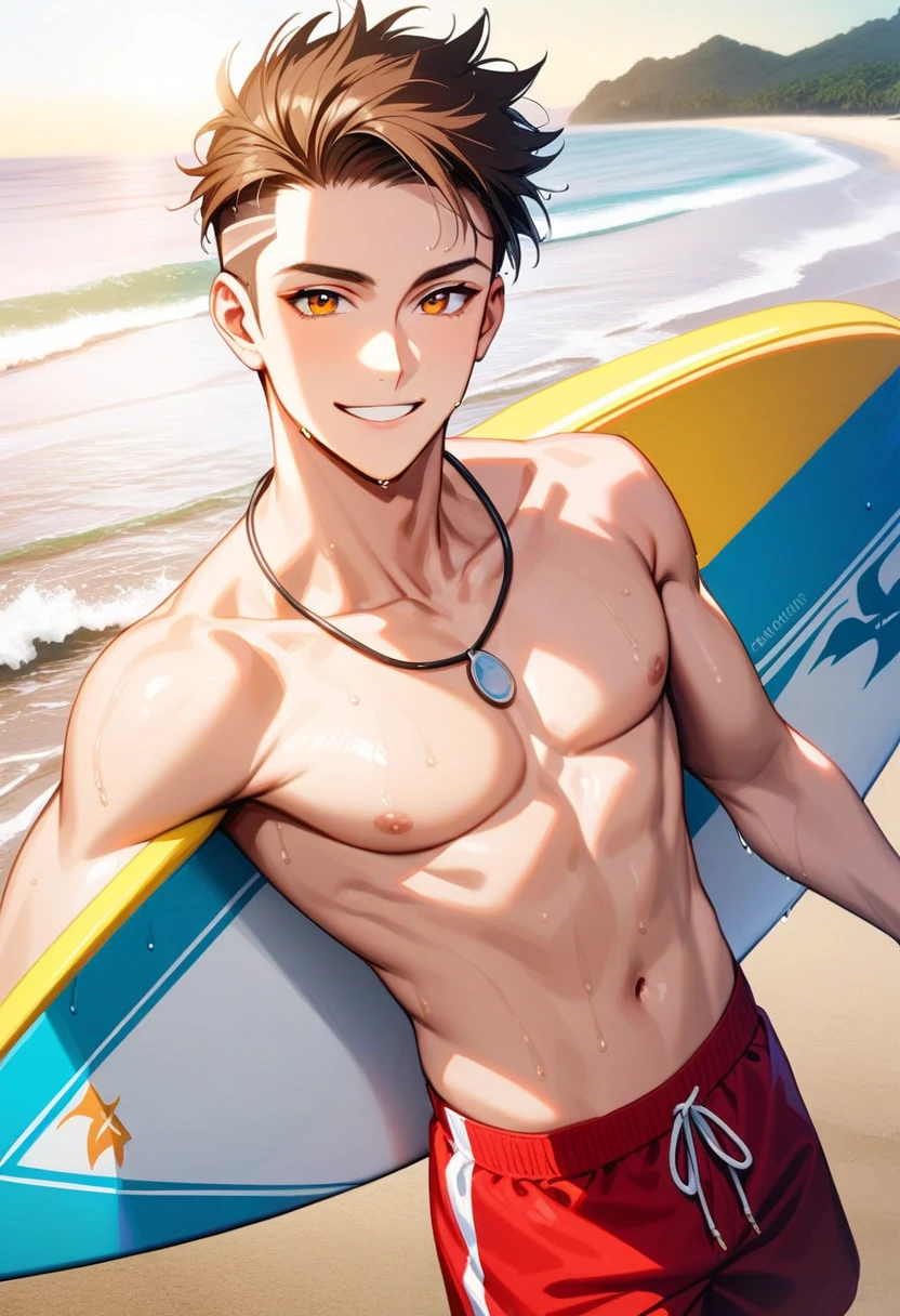 A young man, 21-years-old, solo, Caucasian, mature face, wild spiky undercut brown hair, orange eyes, cheerful smile, mouth open, no shirt, shirtless, red swimming trunks, thin silver necklace, holding a surfboard, wet, beach, daytime, sunny