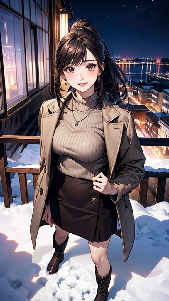 (masterpiece:1.2, Highest quality), (Realistic, photoRealistic:1.4), Beautiful illustrations, (Natural Side Lighting, Cinema Lighting), Browsing Caution,
View your viewers, 1 Girl, Japanese, Beauty、30 years old, Perfect Face, Cute and symmetrical face, Shiny skin, (Perfect Anatomy, Anatomically correct, Highly detailed skin)、
(Medium Hair, Black Hair、ponytail), Swept-apart bangs, Dark brown eyes, Droopy eyes, Long eyelashes, (Large Breasts:0.8), Slim body,
Beautiful Hair, Beautiful Face, Beautiful attention to detail, Beautiful clavicle, Beautiful body, Beautiful breasts, Beautiful thighs, Beautiful feet, Beautiful fingers,
(Brown heavy coat, High neck sweater, Long tight skirt), short boots、Bag、Earrings:0.2、necklace:0.5、
(Beautiful views,winter), Night view, (Riverside)、 Are standing, (smile, Open your mouth a little),