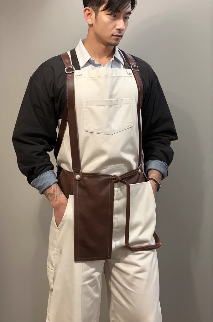 A man wearing an apron, a brown apron that reaches down to the knees, a white long-sleeved shirt and jeans, one small pocket on the chest, and two large pockets on the waist - Black leather suspender-style shoulder straps - Shoulder straps fastened with metal buckles - Model is 170cm tall