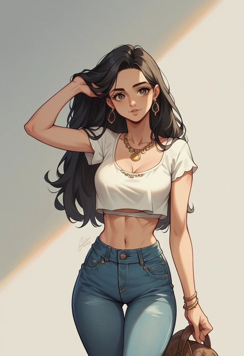 Woman with light brown skin, Bblack hair cacheado, Bblack hair, light caramel eyes, wearing jeans and white crop top, gypsy traits
