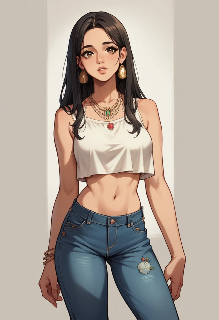 Woman with light brown skin, Bblack hair cacheado, Bblack hair, light caramel eyes, wearing jeans and white crop top, gypsy traits