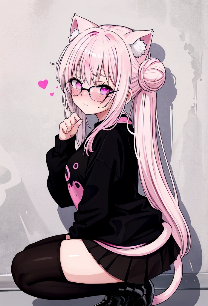 I have white pink hair, cat ears, a bun, my face is super blushing, black glasses, pink heart eyes, a big pink sweatshirt, a black skirt, black stockings, white shoes, a cat&#39;s tail, a girl. very shy that she is glued to a wall with her butt