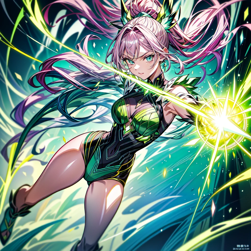 masterpiece, Highest quality, Anime Style, Green crystal girl, Long pink hair, ponytail, blue eyes, green glass, Transparency, Green light particles, Green Aura, effect, action, Flying kick, Stiletto heels, Translucent green clothing, wind effect dancing from the hands, Shiny green background, Full Body Shot, White light particles, yellowの光粒子, Gloss, Gloss, Three-dimensional, Concave and convex, Explosive power, Spirit, There is a sense of tension, urgent, And fierce battle; This composition depicts the girl from a distance; A powerful green energy wave is released; Lightning flashes behind her, The surroundings are illuminated in green.. She is surrounded by a blue aura, purple, yellow. Powerful and dramatic. Dynamic and colorful visuals. This anime uses soft, watercolor-like brushstrokes to create delicate lines., Multiple cells are stacked、The texture of the ink is expressed. Bringing out quality through meticulous work., Gloss感, Gloss