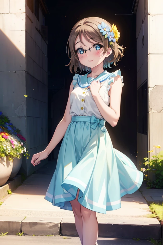 Yo Watanabe, Watanabe Yo, short hair, blue eyes, Brown Hair, smile, blush,Open your mouth,Flower Hair Ornaments,Black-rimmed glasses,Light blue sleeveless dress,Long skirt,Cute heeled sandals,Walking,Daytime,Clear skies,whole bodyがイラストに入るように
break outdoors, Building district,
break looking at viewer, whole body,
break (masterpiece:1.2), Highest quality, High resolution, unity 8k wallpaper, (figure:0.8), (Beautiful attention to detail:1.6), Highly detailed face, Perfect lighting, Highly detailed CG, (Perfect hands, Perfect Anatomy),