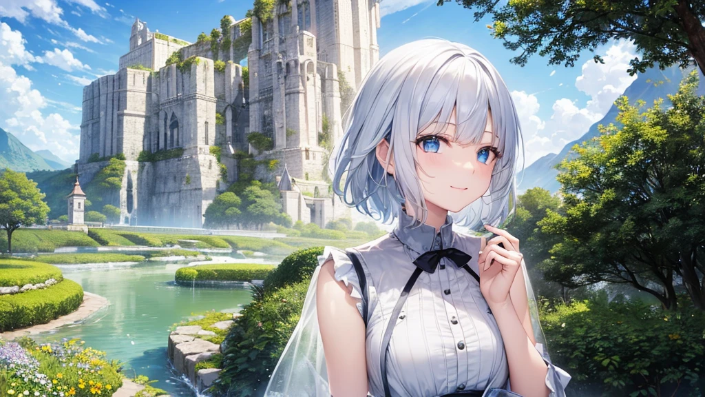 Ultra HD,Look at the viewers, Put your hands behind your back, With a girl, 20-year-old, 非常にShort Hair, Long bangs between the eyes, Pale blue eyes, Very detailed,(masterpiece、Highest quality),Gray Hair、Laughter、Fantastic, Silver Hair, Iris, Short hair、 Fluttering Hair、Small Face、明るいsmile、(Detailed face) ,Professional Lighting,Wonderful landscape,blue sky, sunlight,Looking down from above,Portraiture、Open your mouth、Flower Field、Her eyes were shining、Mysterious and enchanting atmosphere。With AI Painting、とてもShort Hair, Long bangs between the eyes, Very detailed,(masterpiece、Highest quality)、alone、Gray Hair、Fantasy, Silver Hair, Fantasyな風景、White shirt、smile、Open your mouth、short hair、Short Hair、hairpin、black eye、Grey Eyes、Beautiful Eyes、