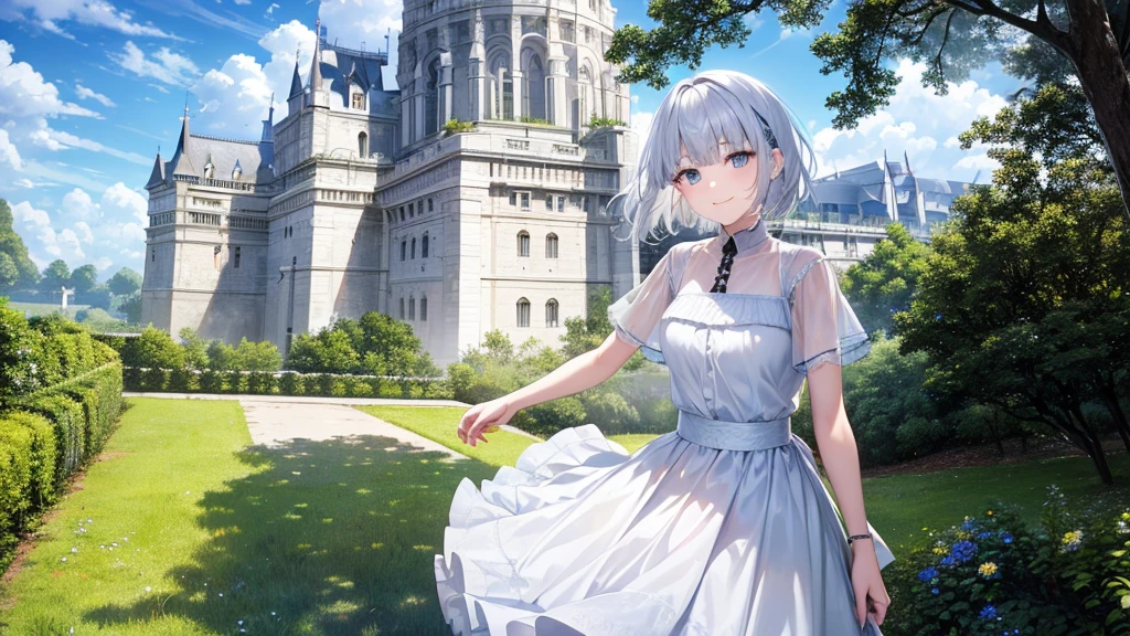 Ultra HD,Look at the viewers, Put your hands behind your back, With a girl, 20-year-old, 非常にShort Hair, Long bangs between the eyes, Pale blue eyes,  Very detailed,(masterpiece、Highest quality),Gray Hair、Laughter、Fantastic, Silver Hair, Iris,  Short hair、 Fluttering Hair、Small Face、明るいsmile、(Detailed face) ,Professional Lighting,Wonderful landscape,blue sky, sunlight,Looking down from above,Portraiture、Open your mouth、Flower Field、Her eyes were shining、Mysterious and enchanting atmosphere。With AI Painting、とてもShort Hair, Long bangs between the eyes, Very detailed,(masterpiece、Highest quality)、alone、Gray Hair、Fantasy, Silver Hair, Fantasyな風景、White shirt、smile、Open your mouth、short hair、Short Hair、hairpin、black eye、Grey Eyes、Beautiful Eyes、
