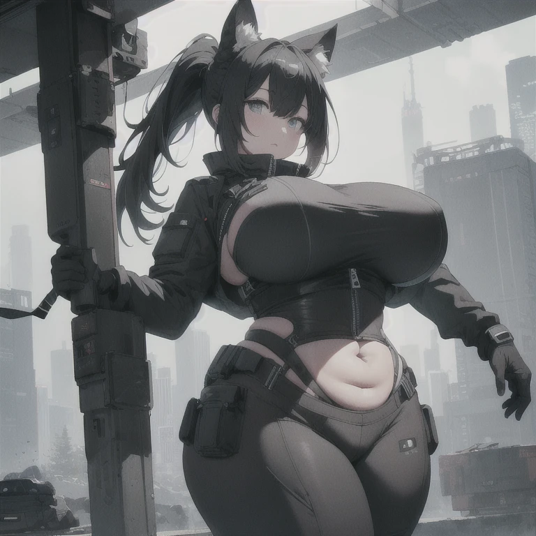 Absurd resolution,high resolution,(masterpiece: 1.4),hyper-detail,fullbody shot head to toe,full frontal camera perspective,solo,shorter,standing straight up,kemono feline cat gynomorph, huge penis bulge, puffy inverted nipple silhouette,no skin other than neck and head shown,pilot suit,black hair,messy ponytail,cute face,detailed soft grey luminous eyes,huge massive hyper super swollen heavy milky breasts,breasts so big that cover her whole torso and are bigger than her head while being so big they reach her belly button,extremely super large swollen perky heavy bust,super huge enormously gigantic tits,gigantic breasts stretching/straining out of her outfit looking like they are about to burst out,breasts compressed squishing barely contained in outfit,inflated breasts,breasts_expansion,super gigantic swollen heavy tits,wide full hips,narrower torso and shoulders,smaller torso,narrower waist,full thicc big soft thighs,thicc big full thighs,big rounded full soft butt,thicc butt,ruggedized utility styled outfit,fully insulated suit,full body outfit coverage with no skin showing or revealed,airtight/watertight zippers and seals,scifi monochrome black and grey fullbody covering protective padding rugged loose-fitted pilot utility suit with strategically placed protective padding,white zipped utility cropped top for breasts support with a black strap horizontal across cleavage worn on top of suit,tactical strategic angular-patterned protective padding on hips and thighs and abdomen,practical/functional clothing,weather-proof durable clothing material,nylon clothing material,custom made clothing to fit and support large breasts,scifi padded rugged rigid high collar cropped cutout fitted techwear jacket,armored high collar,white and black triangular decals and techwear iconography on apparel and clothing,techwear gloves,ruggedized tech,ruggedized tech aesthetic,fitted utility pants,utility chaps,near future scifi,cyberpunk aesthetic,anime aesthetic,tactical aesthetic