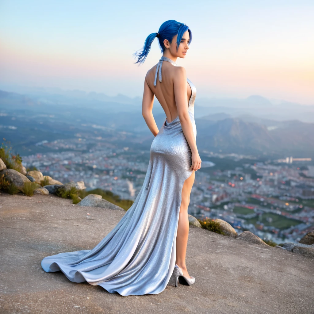 backless dress, low-cut, evening dress, halter dress, low-cut neckline, silver dress, jewelry, blue hair, side ponytail, full body, twisted,
photorealistic, 64k, ultrarealistic, Unreal Engine 5.