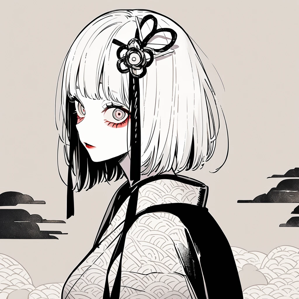 girl, Japanese pattern, yandere, cool, looking at viewer, white tone, hair ornament, Japanese paper background, front view,eyelashes, silver, multiple, large breasts, illustration,tight skin,Inorganic