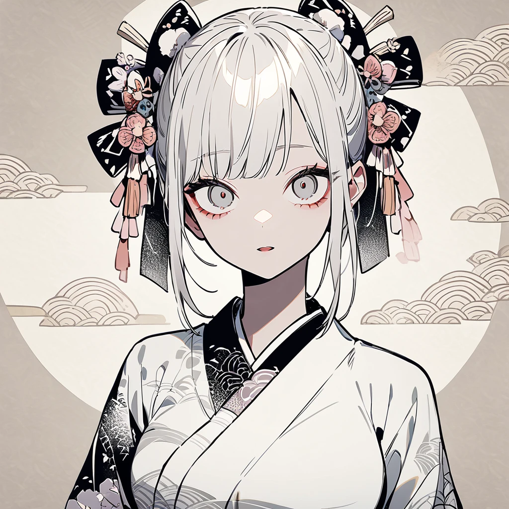 girl, Japanese pattern, yandere, cool, looking at viewer, white tone, hair ornament, Japanese paper background, front view,eyelashes, silver, multiple, large breasts, illustration,tight skin,Inorganic