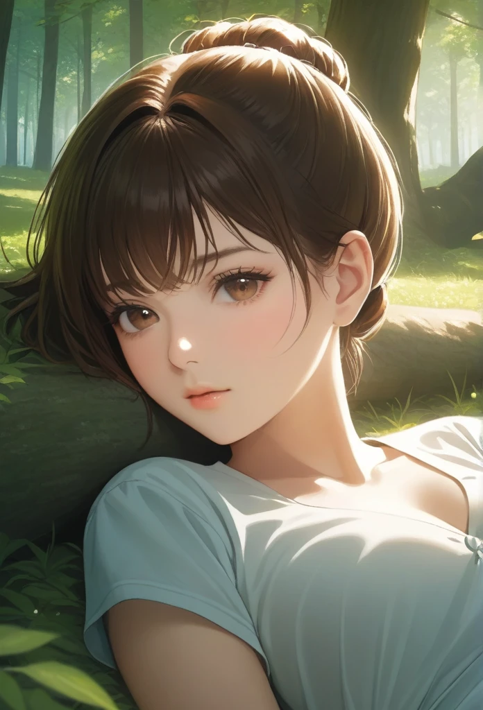 a hyper-realistic portrait of a young woman, under a tree, inside a forest, in the middle of nature, 22 years old, realistic, (lying on her side), sexy, short brown hair, (hair tied with bows), curved, SFW