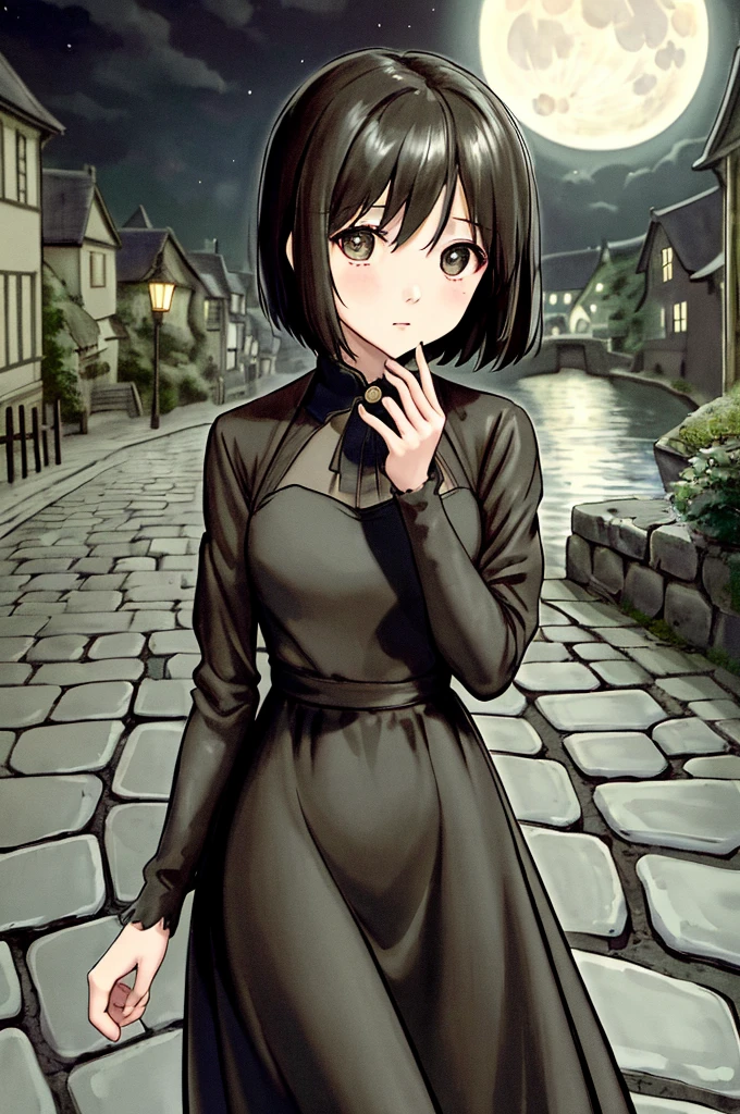 (masterpiece)、Highest quality、Ultra-high resolution、in front_Misaki、Short Hair、cute、Black long dress、Cobblestone Street、Lonely face、Beautiful Landscape、View your viewers、Wave one hand、night、beautiful girl、Hollow Eyeoon、満moon、moon光