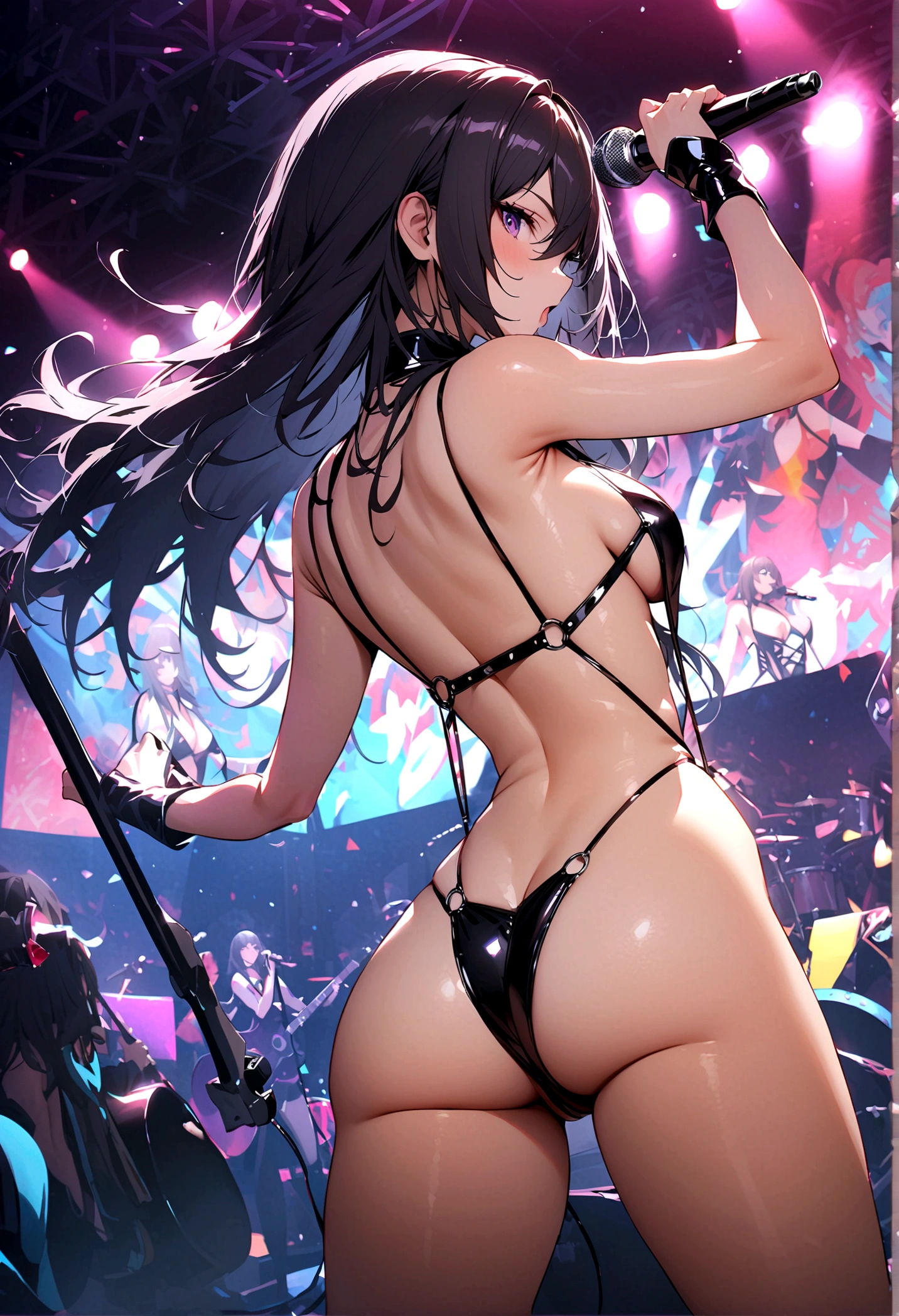 Highest quality,masterpiece,Hard rock band vocalist,Dark silver hair,Live Stage,Radical Slingshot Swimsuit,Small live music venue,Butt