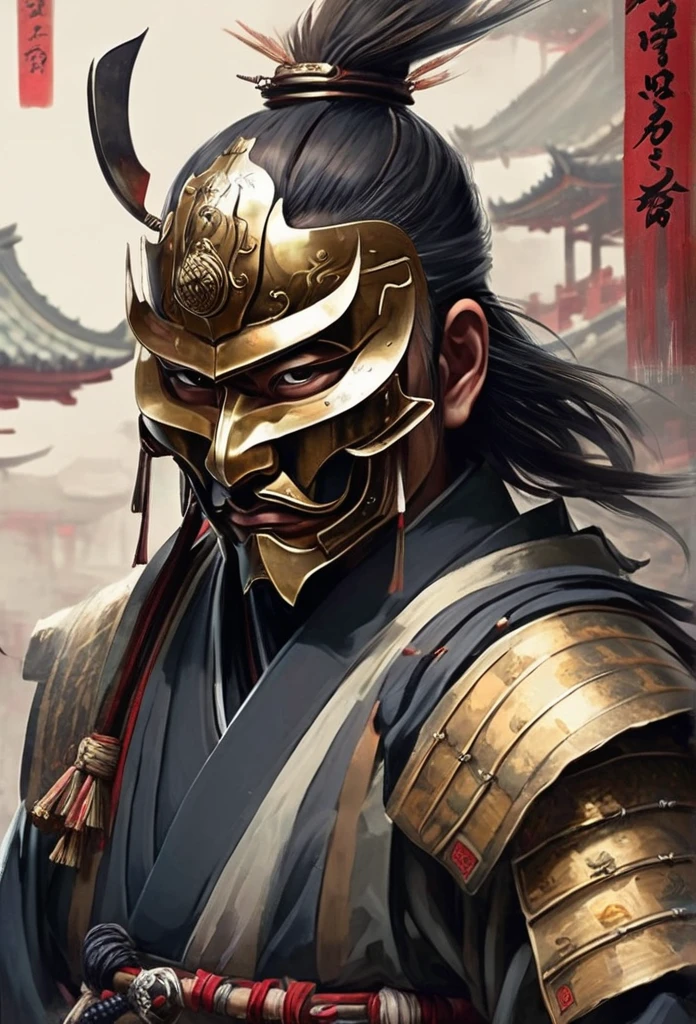 A Japanese warrior ronin with magnificent mask in portrait, the atmosphere is heavy and sad. It's very detailed and in the atmosphere of the old quarter of the time