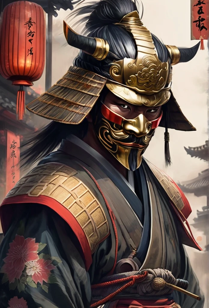 A Japanese warrior ronin with magnificent mask in portrait, the atmosphere is heavy and sad. It's very detailed and in the atmosphere of the old quarter of the time