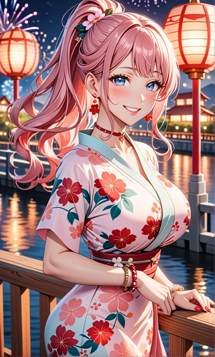 ultra-detailed, ((one girl)), in pastel colors girl, ((show off brest)), (hyper detailed, absurdres, 8K, Beautiful Face, (Laugh shyly), ((teasing smile:1.8)), ((Wink:1.8)), (Laugh with your mouth wide open),(Tilt your head:1.3), View your viewers, ((Bright red cheeks:1.6)), Glossy Red Lips, ((Big Breasts:1.5)), (valley),night, Riverside,On Bridge, firework, (Brighten your face), ((Anime style background)),masterpiece, Highest quality, so beautiful,Latest, Complex details, (Pink long nails), (nail art), (ring),(bracelet), (Floral Choker),AI-generated, Complex,High resolution, Highest quality, super high quality,3D Images、3D Images,One person,Pastel pink long hair,(High Ponytail), (wavy hair:1.3), Pastel anime woman posing for a photo, ((Fine grain、blue eyes、glowing eyes:1.4)), (Squint your eyes:1.1),a hyperRealistic , hyperRealistic , Realistic,Anime woman with long pastel pink hair, Smooth anime CG art, A girl in a gorgeous pastel-colored kimono, ((Pastel-colored furisode)),(Pink large floral pattern) ,Long flower hair ornament,Floral Earrings,Mature Body, tall,Abdominal muscles,Tight waist,((arched back:1.9)), (front view),