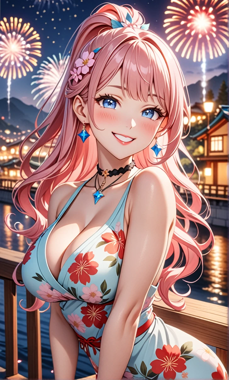 ultra-detailed, ((one girl)), in pastel colors girl, ((show off brest)), (hyper detailed, absurdres, 8K, Beautiful Face, (Laugh shyly), ((teasing smile:1.8)), ((Wink:1.8)), (Laugh with your mouth wide open),(Tilt your head:1.3), View your viewers, ((Bright red cheeks:1.6)), Glossy Red Lips, ((Big Breasts:1.5)), (valley),night, Riverside,On Bridge, firework, (Brighten your face), ((Anime style background)),masterpiece, Highest quality, so beautiful,Latest, Complex details, (Pink long nails), (nail art), (ring),(bracelet), (Floral Choker),AI-generated, Complex,High resolution, Highest quality, super high quality,3D Images、3D Images,One person,Pastel pink long hair,(High Ponytail), (wavy hair:1.3), Pastel anime woman posing for a photo,  ((Fine grain、blue eyes、glowing eyes:1.4)), (Squint your eyes:1.1),a hyperRealistic , hyperRealistic , Realistic,Anime woman with long pastel pink hair, Smooth anime CG art, A girl in a gorgeous pastel-colored kimono, ((Pastel-colored furisode)),(Pink large floral pattern) ,Long flower hair ornament,Floral Earrings,Mature Body, tall,Abdominal muscles,Tight waist,((arched back:1.9)), (front view),