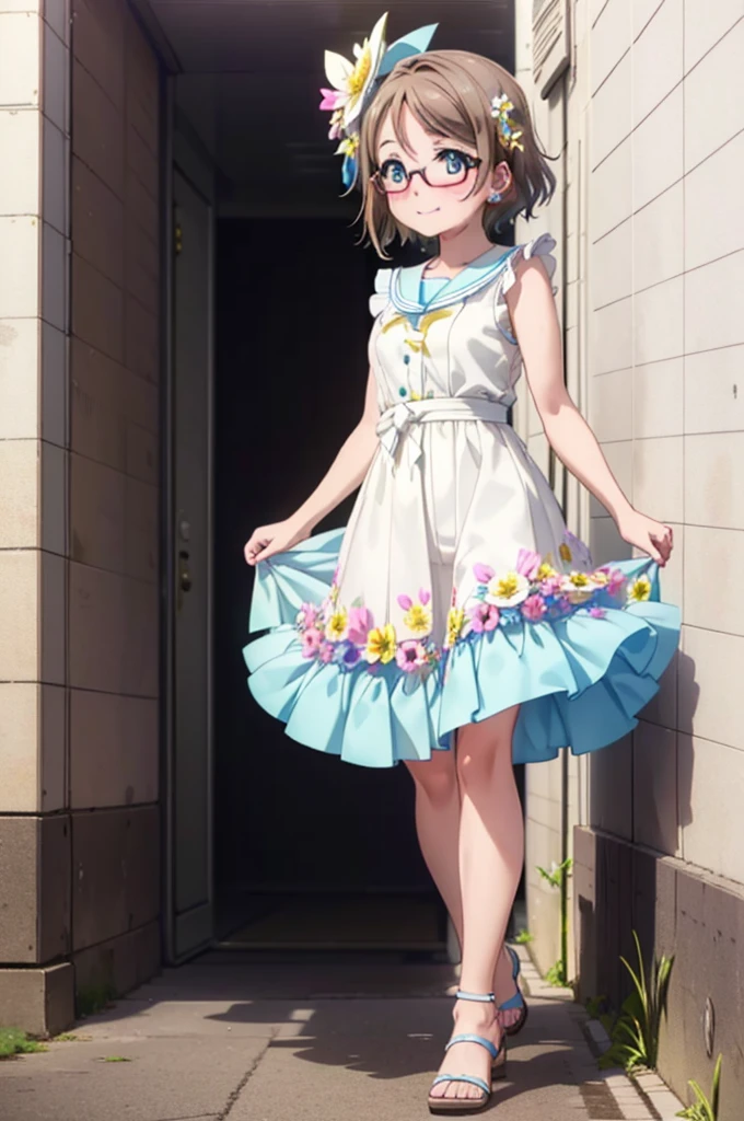 Yo Watanabe, Watanabe Yo, short hair, blue eyes, Brown Hair, smile, blush,Open your mouth,Flower Hair Ornaments,Black-rimmed glasses,Light blue sleeveless dress,Long skirt,Cute heeled sandals,Walking,Daytime,Clear skies,whole bodyがイラストに入るように
break outdoors, Building district,
break looking at viewer, whole body,
break (masterpiece:1.2), Highest quality, High resolution, unity 8k wallpaper, (figure:0.8), (Beautiful attention to detail:1.6), Highly detailed face, Perfect lighting, Highly detailed CG, (Perfect hands, Perfect Anatomy),