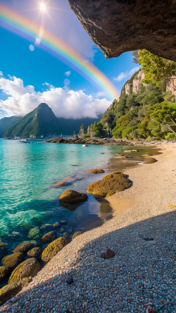 there is a rainbow in the sky over a beach with rocks and pebbles, seashore, Alpine Forest Landscape Photo，Steep mountain roads，Clear and transparent lake，wood，Bushes，Fallen leaves，Dawn Sun，Kasumi，Cliffs and mountains，Dilapidated，Lonely，cold，Foggy sky，Not a dazzling morning sun，Nightmare vision，Dark fantasy plot，Perfect and excellent composition，8K resolution，detailed，restricted，close ultra-wide angle shot，Realistic，Beautiful sky,Colorful clouds float，True to life, The private parts are clearly visible, Perfect perfection, Digital single-lens reflex camera, 1024, 2048, 4096, detailedな, sharp, Best Quality, high quality, Absurd，Unattended background，Very detailed、detailedな照明の影，Art Station Trends、Complex、expensivedetailed、dramatic、（Volumetric Lighting：1.2）HDR shot。（close，Super Depth of Field，Ultra Wide Angle，Microfocal Lenses：1.2）（Realistic：1.4）Masterpiece、expensive、expensive品質、beautiful photo，Global illumination magical beach, sunny rainbow galaxy stormy sea, by Igor Grabar, colorful hd picure, near the seashore, rainbow reflections, just one rainbow 8 k, beach landscape, still of rainbow ophanim, calm vivid colors, by Marie Bashkirtseff, beautiful beach