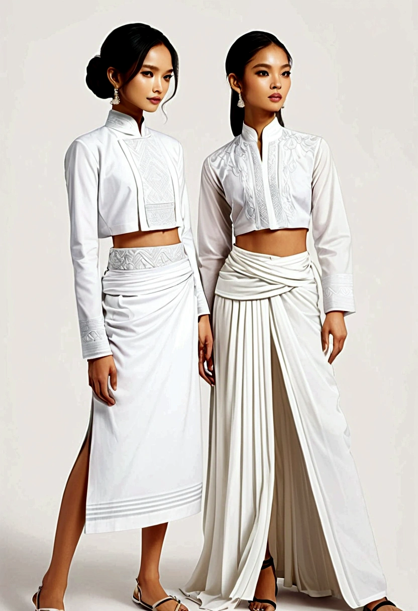 candid fashion illustration of two young man and women, 20 year odle, adorned in a meticulously crafted North Thai traditional outfit, ((showcase fashion in a Northern Thai Lanna outfits cotton handwoven in white)), in simple elegant and luxury style, The man wears a simple long-sleeved white shirt with minimal details, paired with white Tailor pants, and shoes, 
The woman complements him with white tubular skirt or Sarong simple patterns, The sarong with three parts in one, ankle-length and is wrapped around the waist detail, and A fitted intricately decorated blouse that complements the skirt. 
Captured in a low angle, ((full-body image)), stands gracefully against the white backdrop of Lanna style decoration. Their attire simple with intricate embroidery and white accents, each element carefully chosen to reflect the rich Lanna cultural heritage, 
 ((white studio background)), realistic color pencil lines, perfect drawing, charcoal lines, fading sketch, quick Sketch, soft light, fashion illustration, fashion sketching, 