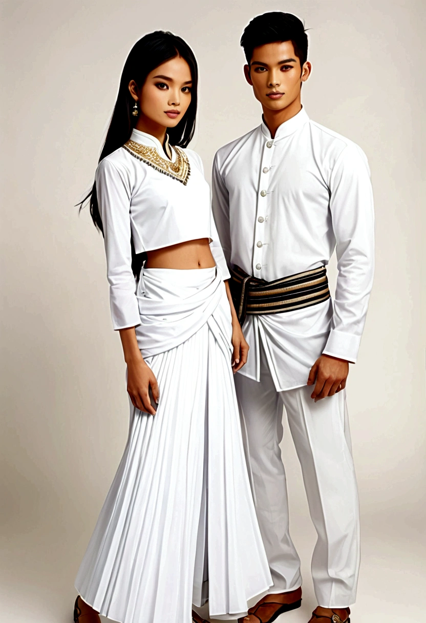 candid fashion illustration of two young man and women, 20 year odle, adorned in a meticulously crafted North Thai traditional outfit, ((showcase fashion in a Northern Thai Lanna outfits cotton handwoven in white)), in simple elegant and luxury style, The man wears a simple long-sleeved white shirt with minimal details, paired with white Tailor pants, and shoes, 
The woman complements him with white tubular skirt or Sarong simple patterns, The sarong with three parts in one, ankle-length and is wrapped around the waist detail, and A fitted intricately decorated blouse that complements the skirt. 
Captured in a low angle, ((full-body image)), stands gracefully against the white backdrop of Lanna style decoration. Their attire simple with intricate embroidery and white accents, each element carefully chosen to reflect the rich Lanna cultural heritage, 
 ((white studio background)), realistic color pencil lines, perfect drawing, charcoal lines, fading sketch, quick Sketch, soft light, fashion illustration, fashion sketching, 