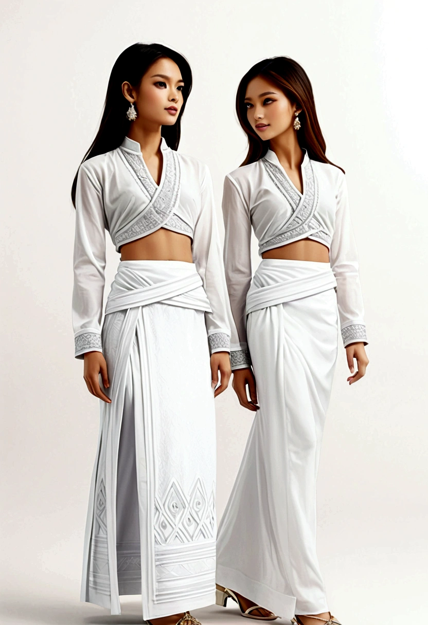 candid fashion illustration of two young man and women, 20 year odle, adorned in a meticulously crafted North Thai traditional outfit, ((showcase fashion in a Northern Thai Lanna outfits cotton handwoven in white)), in simple elegant and luxury style, The man wears a simple long-sleeved white shirt with minimal details, paired with white Tailor pants, and shoes, 
The woman complements him with white tubular skirt or Sarong simple patterns, The sarong with three parts in one, ankle-length and is wrapped around the waist detail, and A fitted intricately decorated blouse that complements the skirt. 
Captured in a low angle, ((full-body image)), stands gracefully against the white backdrop of Lanna style decoration. Their attire simple with intricate embroidery and white accents, each element carefully chosen to reflect the rich Lanna cultural heritage, 
 ((white studio background)), realistic color pencil lines, perfect drawing, charcoal lines, fading sketch, quick Sketch, soft light, fashion illustration, fashion sketching, 