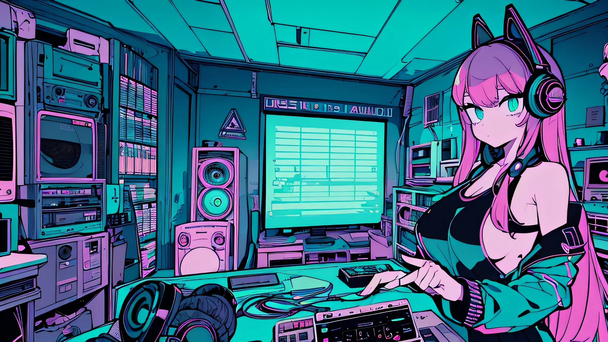 Best quality, (masterpiece), best detail face,1 girl, big breasts, 18 yo, 8k,absurdres,unity 8k wall paper,(extremely detailed:1.3), highest realistic, (retro headphones:), (soft neon light:), (psychedelic), Her room full of music equipment and records, sports wear , See the whole room , dark green color pallet
